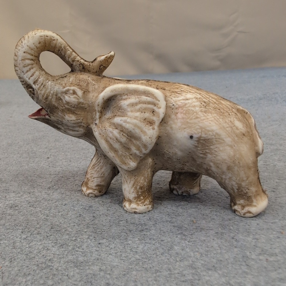 Vintage Style Elephant Figurine Trunk Up Good Luck Statue Rustic Cream Brown - Picture 1 of 4